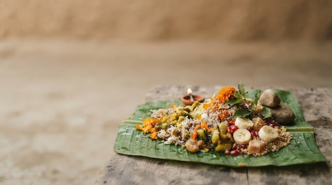 Traditional Indian religious offering or prasad served on a banana leaf with rice, fruits, and flowers during a sacred ritual or festival ceremony