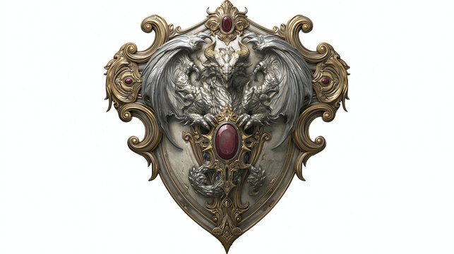 Intricate shield design featuring stylized dragons and a central gem.