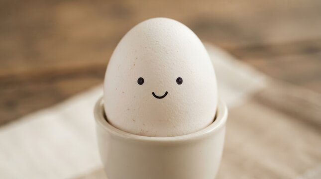 Cute happy boiled egg with a drawn smiling face in an egg cup on a wooden table, cute breakfast concept for kids and family morning food photography
