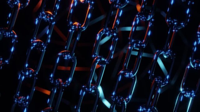Futuristic loop animation of metallic chains with glowing blue electric energy sparks spinning continuously in dark space