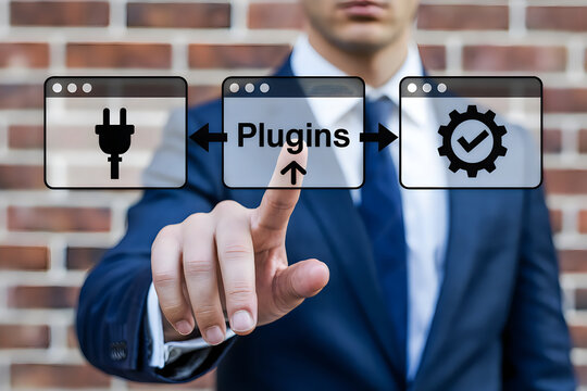 Businessman points finger at screen with plugins icon in center, concept of add-ons
