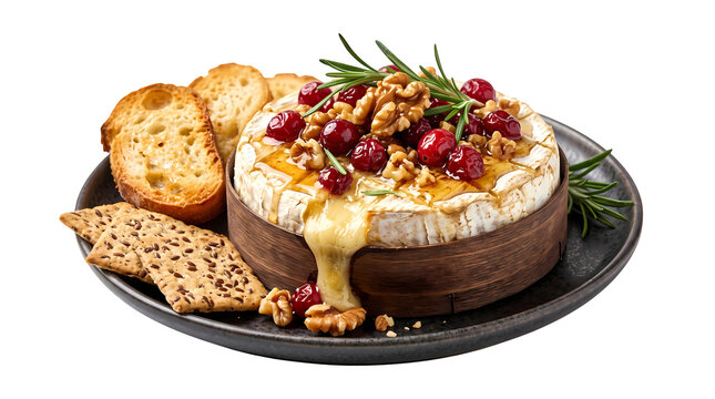 Baked brie cheese with cranberries nuts honey and rosemary on dark plate.