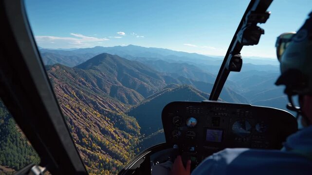 View from helicopter cockpit flying over mountainous landscape with autumn foliage.