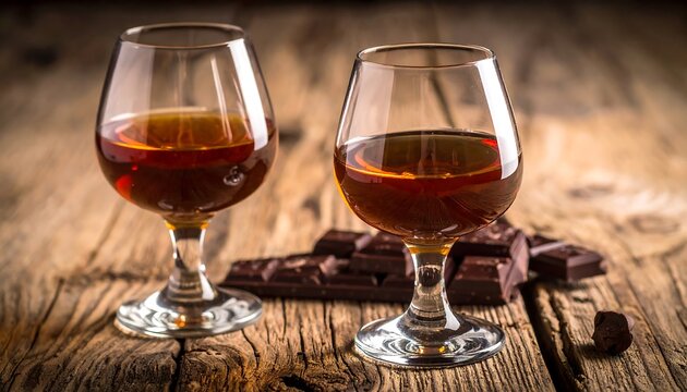 Two glasses of red wine on wooden table.