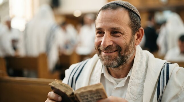 Middle-aged Jewish man reading a prayer book wearing a tallit and kippah in a synagogue during worship representing faith, tradition, and spirituality