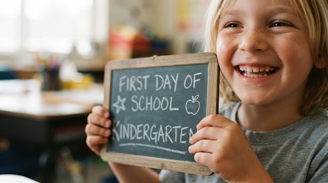 Excited 6-year-old caucasian boy holding a chalkboard sign for the first day of kindergarten in a classroom, representing back-to-school education and childhood milestones.
