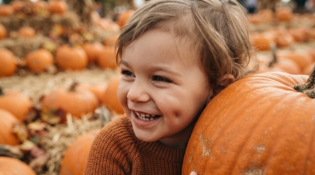 Happy toddler girl smiling brightly while hugging a large orange pumpkin at a sunny autumn harvest patch, perfect for fall seasonal family holiday advertising concepts