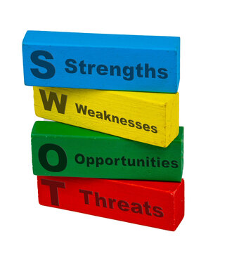 SWOT Analysis Concept with Colorful Wooden Blocks on Transparent Background
