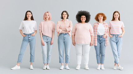 Obraz premium Diverse group of young women in casual outfits standing together against gray backdrop.