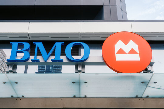 Toronto, Canada - June 19, 2026: BMO Bank of Montreal branch exterior sign with logo
