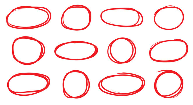 Red circle highlight mark collection. Round marker ring loops for text emphasis.