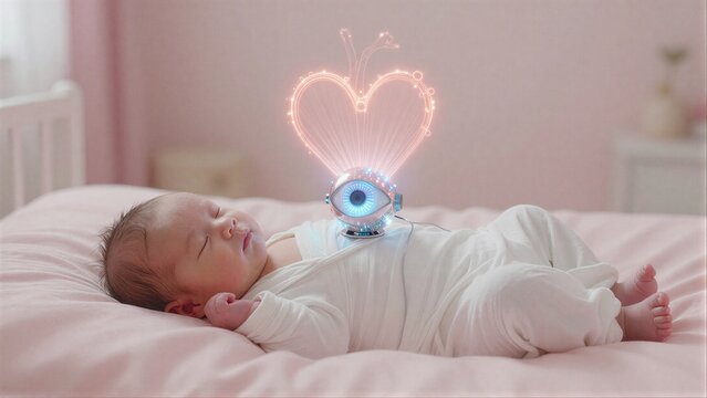 Sleeping baby with glowing heart-shaped robot on chest, soft pink room.