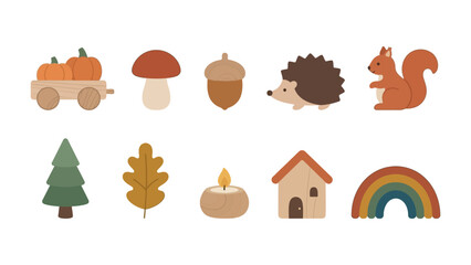 Fototapeta premium Autumnal Delights: A charming collection of whimsical autumn-themed illustrations featuring pumpkins in a wagon, a mushroom, acorn, hedgehog, squirrel, evergreen tree, oak leaf, candle, little house.