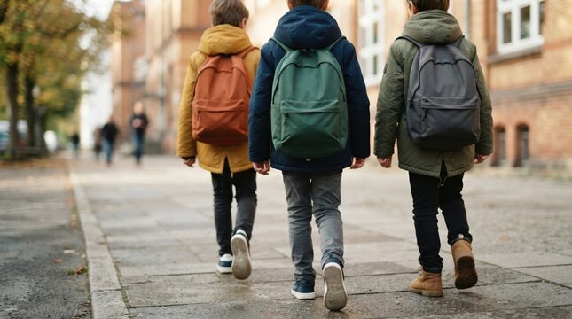 Three young boys walking to school together on a city sidewalk wearing colorful jackets and carrying backpacks representing friendship and education