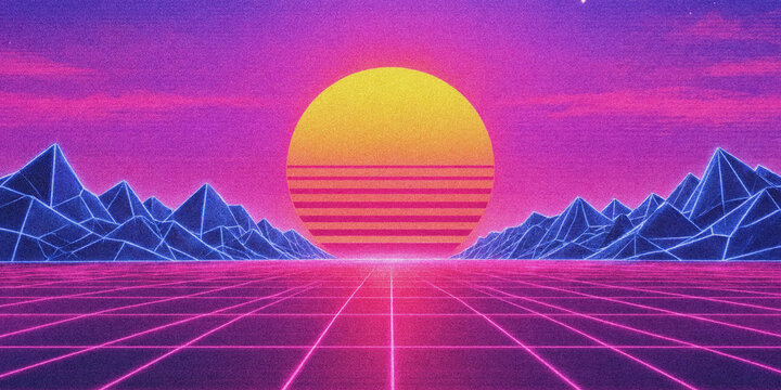 Retro synthwave landscape with glowing sun. 80s style digital horizon with neon mountains.