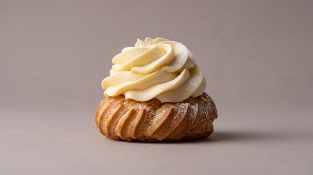 Cream puff pastry with whipped cream. Delicious choux bun dessert on a neutral background.
