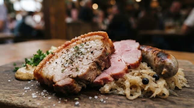 Traditional German roasted pork belly with crackling, ham and sausage served with sauerkraut on a wooden board