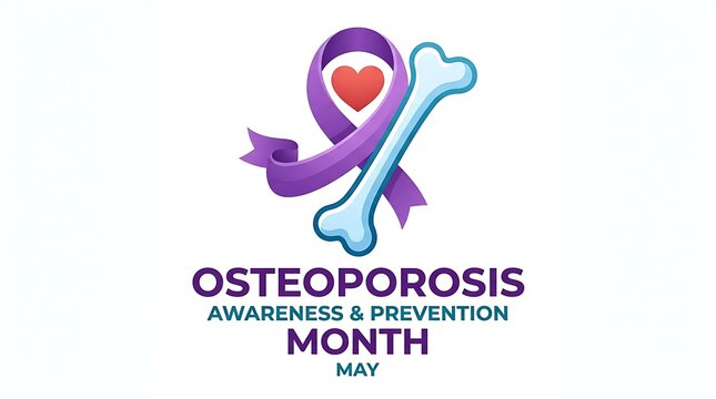 Osteoporosis awareness month logo with purple ribbon, bone, and heart design