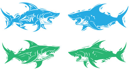 Naklejka premium Stylized shark vector illustrations set with tribal tattoo design elements for mascot or logo design