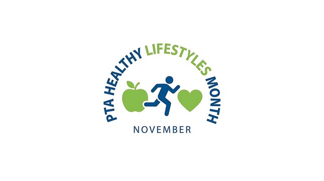 PTA Healthy Lifestyles Month logo with running figure and green apples for November