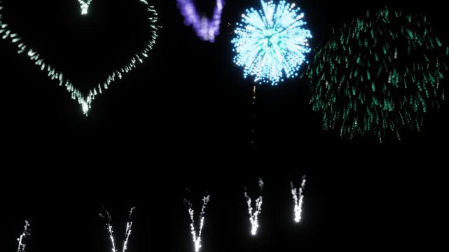A dynamic display of colorful fireworks exploding into starburst patterns and symmetrical light effects in a darkened sky. 3D Render