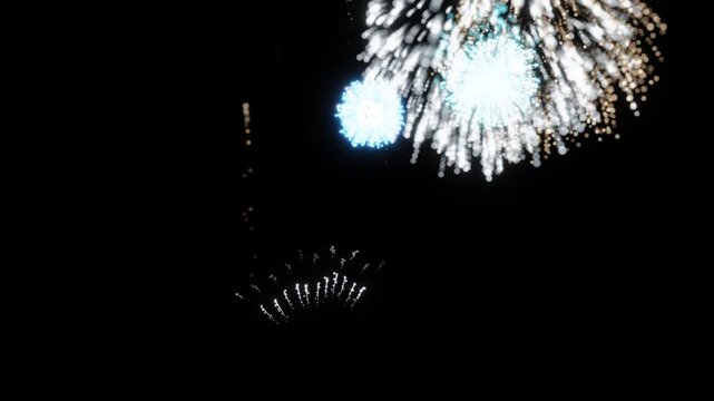 A dynamic display of colorful fireworks exploding into starburst patterns and symmetrical light effects in a darkened sky. 3D Render