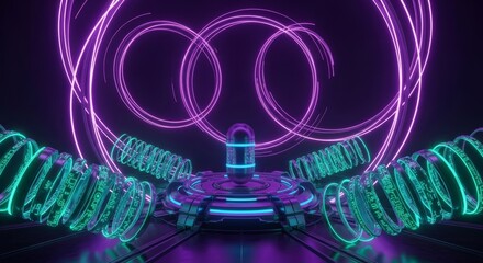 Fototapeta premium A dark cyberpunk time-travel laboratory chamber with swirling neon purple energy loops, a central capsule platform, and glowing coils, technology, research, science