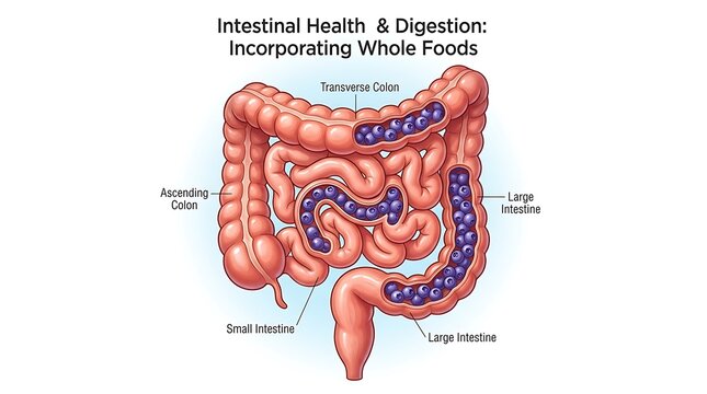 Detailed anatomical illustration of human intestines with labeled parts for digestion