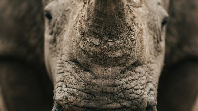 Close-up of a rhinoceros face and horn showing detailed wrinkled skin texture in wildlife habitat, symbolizing power, conservation, and endangered species protection