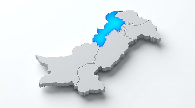 Three dimensional map highlighting khyber pakhtunkhwa province within pakistan borders isolated on white background surface with administrative region highlighted