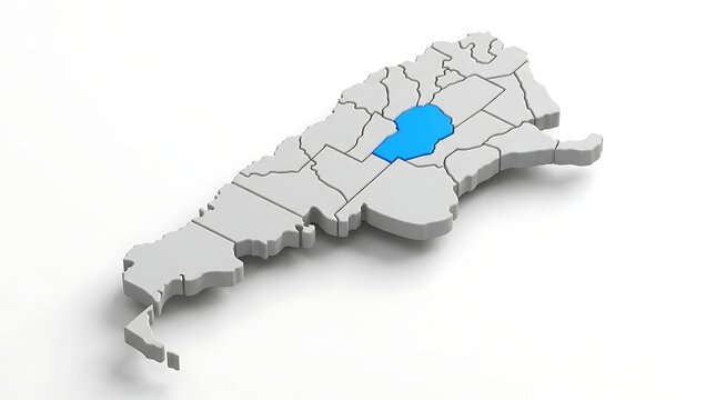 Three dimensional map illustrating highlighted region within a continental landmass divided into multiple administrative sections with central area highlighted