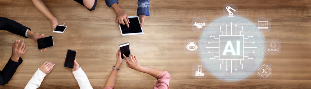 Diverse group of people collaborating on digital devices with artificial intelligence concept illustrated, showcasing teamwork and innovation in technology, business, and creativity. Glyphic.