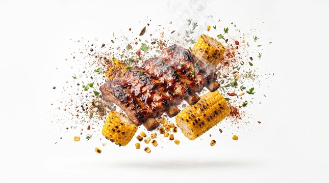 Floating Grilled Beef Ribs and Corn Isolated on White. Creative floating barbecue ribs and grilled corn with seasoning splash isolated on white background for advertising.