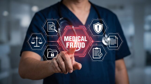Medical fraud concept with healthcare professional pointing at digital interface showing legal, security, and compliance icons in a hospital setting for insurance and billing ethics.