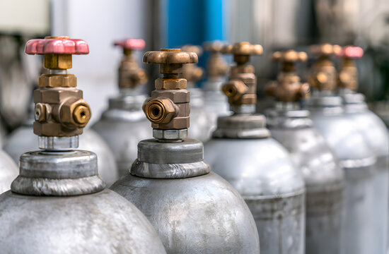 Cylinders of industrial gas, each with a valve, arranged in a line. Metal tanks house compressed gas for manufacturing purposes. Used for storing high-pressure gas in both industrial and medical appli