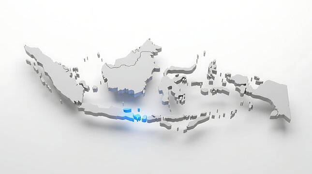 Three dimensional map of indonesia highlighting specific islands with glowing blue light on white background with digital map archipelago light