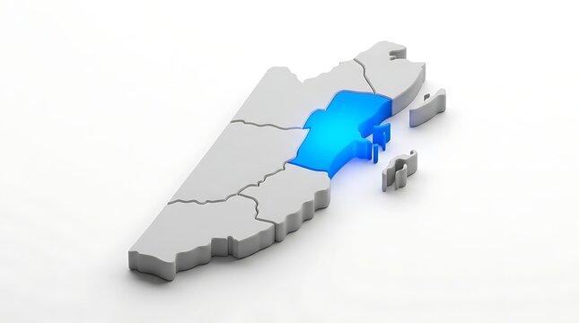 Three dimensional map of belize with stann creek district highlighted in bright glowing blue color with administrative district illuminated one specific administrative