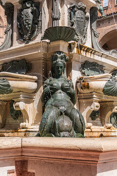 Fountain of Neptune (Fontana del Nettuno) located in the eponymous square, Neptune Square, next to Piazza Maggiore. The fountain was completed in 1565. BOLOGNA, ITALY.
