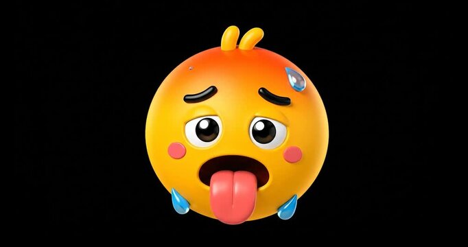 3D Rendered Yellow Emoji Face Showing Nausea with Tongue Sticking Out and Sweat Droplet on Black Background