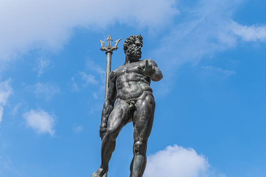 Fountain of Neptune (Fontana del Nettuno) located in the eponymous square, Neptune Square, next to Piazza Maggiore. The fountain was completed in 1565. BOLOGNA, ITALY.