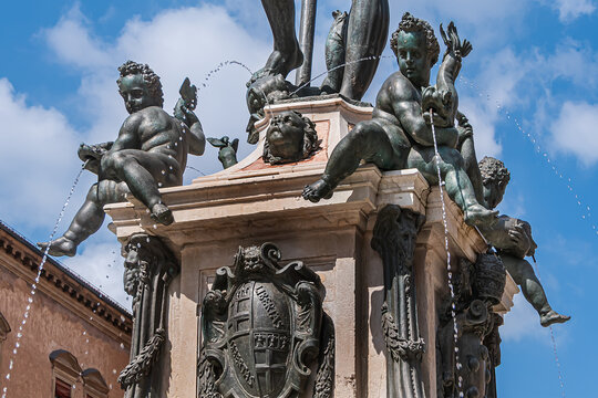 Fountain of Neptune (Fontana del Nettuno) located in the eponymous square, Neptune Square, next to Piazza Maggiore. The fountain was completed in 1565. BOLOGNA, ITALY.
