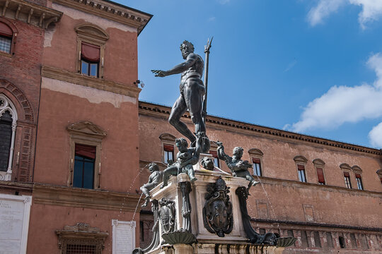 Fountain of Neptune (Fontana del Nettuno) located in the eponymous square, Neptune Square, next to Piazza Maggiore. The fountain was completed in 1565. BOLOGNA, ITALY.