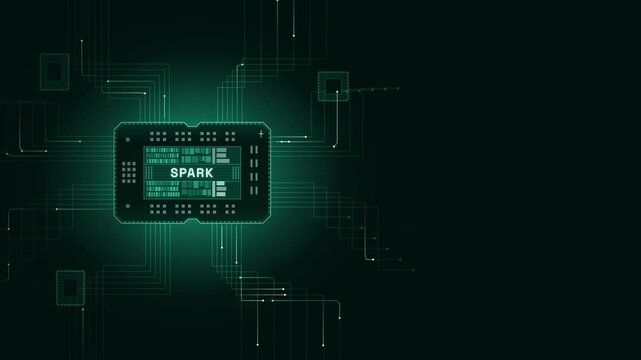 Dynamic spark chip animation featuring glowing green circuitry, pulsing effects, and modern chip font with the word 'SPARK' at the center, creating a tech-inspired atmosphere with a futuristic vibe.