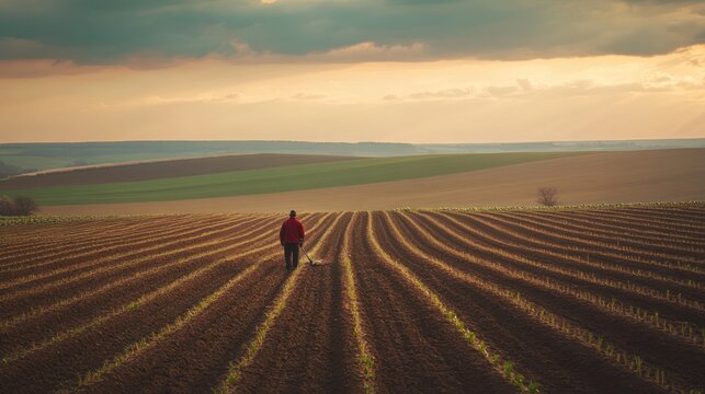 Farmer working a plowed field at sunset