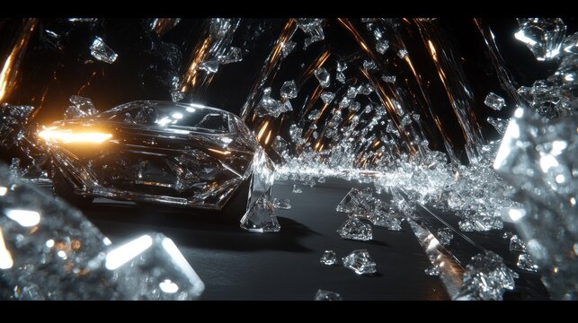 Futuristic car through shattered crystal tunnel