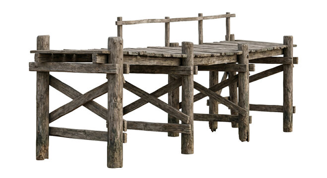 Rustic wooden small bridge made of aged planks and logs standing alone high quality 4K PNG image in white background