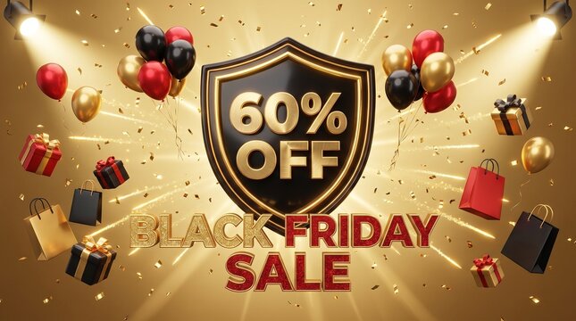 Black Friday Sale 60% OFF banner with gold shield, 3D gifts, balloons, and shopping bags on a luxury golden background for retail marketing.