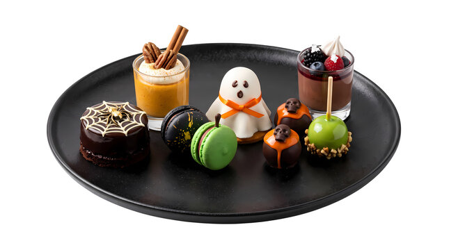 Halloween spooky sweet treats dessert platter ghost pumpkin spider web cake.