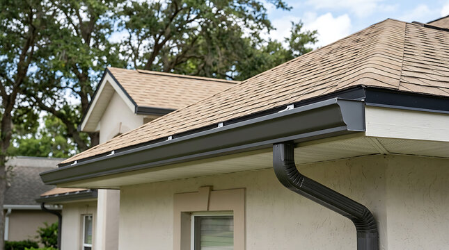 Residential house roof with beige shingles and dark grey gutter system under a cloudy sky in a suburban neighborhood
