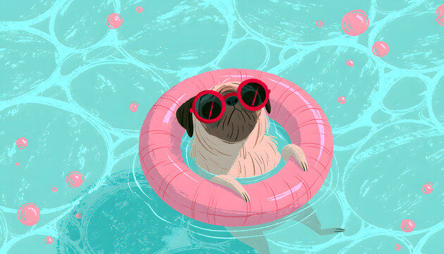 The funny dog is floating leisurely on a pink ring in a swimming pool filled with turquoise water, enjoying the summer heat